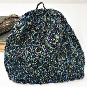 Handknitted Blue Burgundy Lime Marled Ribbed Tasseled Beanie Hat